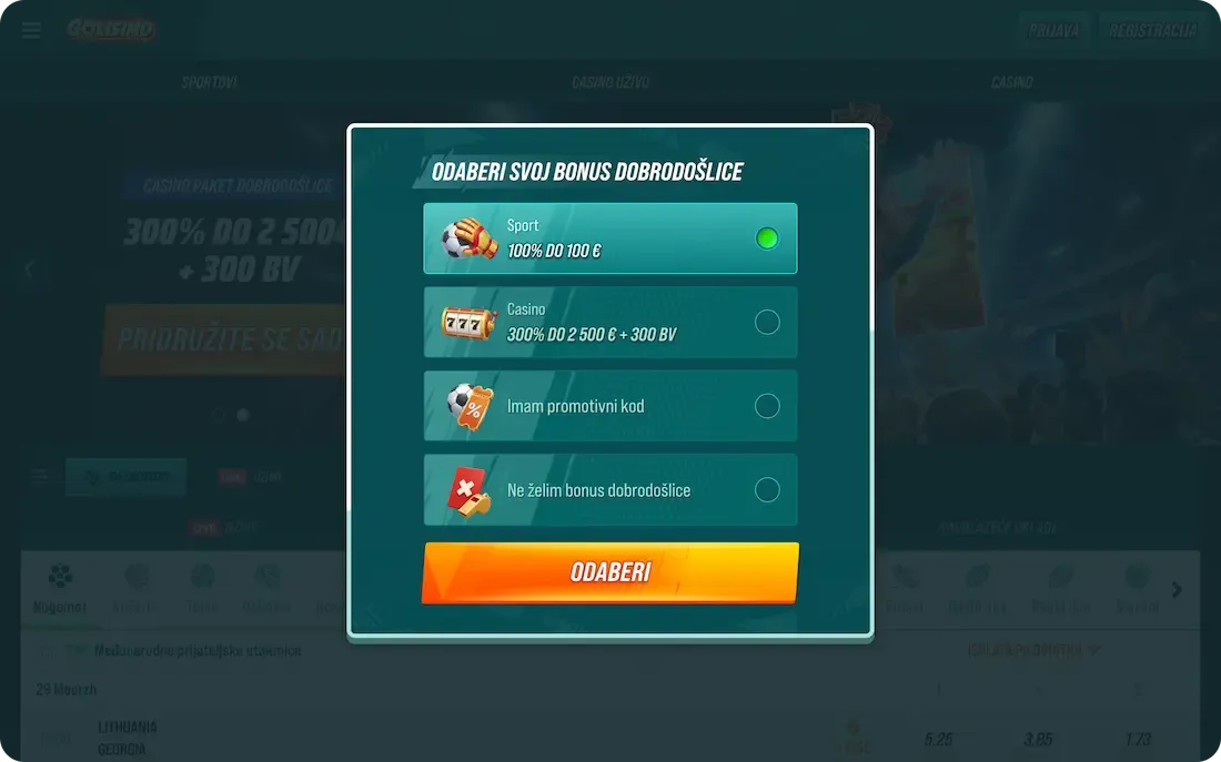 golisimo casino bonus dobrodošlice